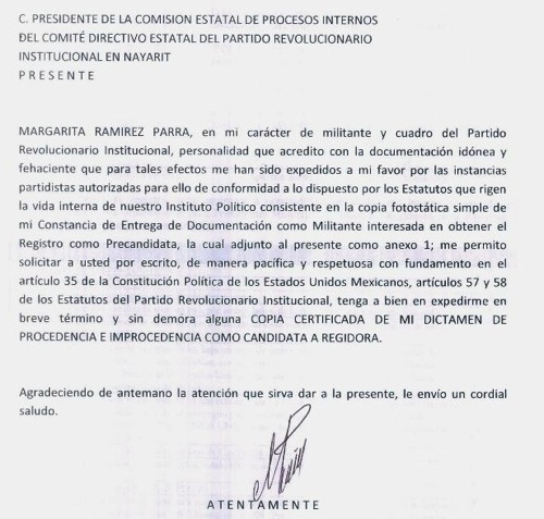 Candidata a Regidora del PRI Pide a Dirigencia Estatal Dictamen sobre Procedencia de su Destitución