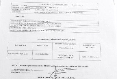 Resultó con Cloro y Heces Fecales, Pozo de Agua de Altavela